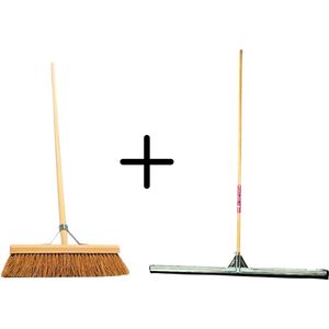 Synx Tools Coco Binnenbezem 40cm + Vloertrekker 100cm met Steel 150cm - Zaalveger – Vloerreiniger – Moppen - Zachte bezem kokos Met steel 160cm
