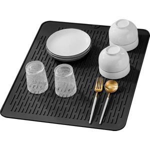 Siliconen schoteldroogmat, 40 x 30 cm siliconenmat, hittebestendig en antislip, schoteldroogmat voor keuken, bestek en servies (zwart)