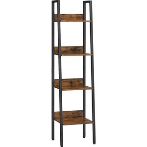 Signature Home Ruler Boekenkast - Open Ladder Plank 4 Tier Metalen Frame - Woonkamer - Slaapkamer - Keuken - Studie - Kantoor - Industrieel - Vintage Bruin Zwart