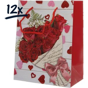 12x Stevige draagtassen LOVE Valentijn Moederdag Bloemen Rozen (23x18x10)cm zak cadeautasje gift bag verpakking