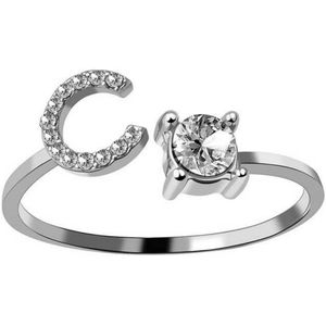 Ring Met Letter - Ring Met Steen - Letter Ring - Ring Letter - Initial Ring - Zilver Letter C - Cadeautje voor haar