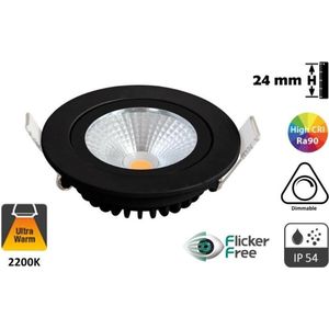 Inbouw LED Spot 5w Flat, 450 Lumen, 2200K, Kantelbaar, IP54, Dimbaar, CRI90, Zwart Armatuur, Gatmaat 75mm