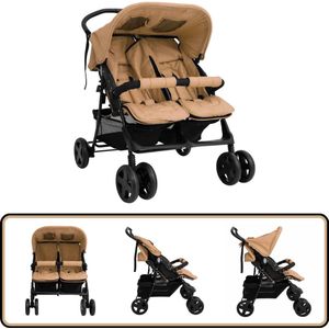 vidaXL Tweelingkinderwagen - Staal - Taupe Tweelingwagen - Kinderwagen - Wandelwagen - Taupecleur - Staalkinderwagen