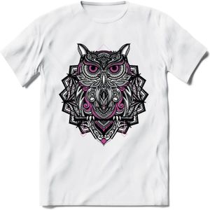 Uil - Dieren Mandala T-Shirt | Roze | Grappig Verjaardag Zentangle Dierenkop Cadeau Shirt | Dames - Heren - Unisex | Wildlife Tshirt Kleding Kado | - Wit - XL
