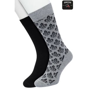 Bonnie Doon Heren Sokken set Zwart/Grijs maat 40/46- 2 paar - Effen - Lelie Bloem - Print - Gladde Naden - Brede Boord - Uitstekend Draagcomfort - 2-pack - Multipack - Effen - Fleur de Lis - Black - Grey Melange - OL2225022.498