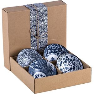 4-delige mueslikom, verschillende designs, keramische kom, tapas schalen / ramen kom / soepkommen / slakom, Japans bloemenpatroon (blauw)