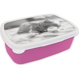 Broodtrommel Roze - Lunchbox - Brooddoos - Kat - Bed - Bedsprei - Meisjes - Kinderen - Jongens - Kind - 18x12x6 cm - Kinderen - Meisje