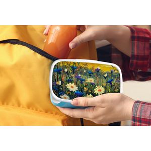Broodtrommel Blauw - Lunchbox - Brooddoos - Olieverf - Bloemen - Schilderij - 18x12x6 cm - Kinderen - Jongen