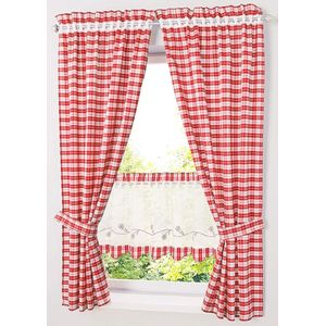 Ondoorzichtige gordijnen met ruitpatroon landelijke gordijnen woonkamer gordijn sjaals met embrace (B x H 80x120cm, rood) 2 stuks