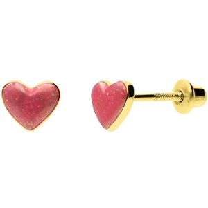 Lucardi Kinder Zilveren goldplated oorknoppen met roze hartje - Oorbellen - 925 Zilver - Goudkleurig