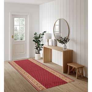 Tapiso Antislip Rubber Mat Rood Beige Oosters Klassiek Rubbermat Tapijt Maat- 100x1500