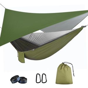 OTraki Hangmat met muggennet en tentzeil - camping hangmat outdoor - belastbaar tot 200 kg - ultralicht ademend - wandelen reizen - 290 cm x 140 cm - legergroen
