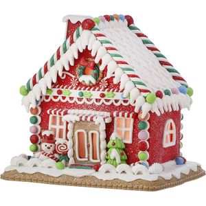 Viv! Christmas Kerstbeeld - Snoep Gingerbread Huis met Sneeuwpop incl. LED Verlichting - rood wit - 23cm