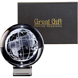 GreatGift® - 3D Aarde in Kristallen bol - laser gegraveerd - In luxe geschenkdoos - 10cm - Cadeau Voor hem - Cadeau voor Haar - Globe - Ruimte - Astrologie - Op Kristallen standaard