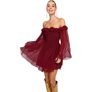 Trendyol Witte A-Lijn Gevoerde Chiffon Bruidsjurk Met Volant, Elegante Avondjurk Voor Bruiloft/Huwelijk, Afstudeerjurk Tprss23El00096