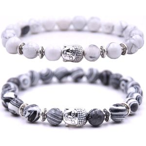 Armband heren / dames met buddha bedel - Kralen armband boedha - Chakra armband - Cadeau voor hem of haar - Armbandenset 2 bandjes - Wit marmer & zebra