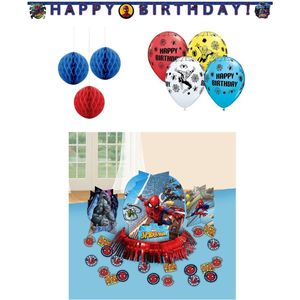 Marvel – Spiderman - Spider-Man - Superheld – Tafeldecoratie set - Happy birthday slinger - Letterbanner - Honeycomb decoratie - Ballonnen - Kinderfeest - Versiering - Verjaardag.