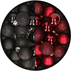 28x stuks kleine kunststof kerstballen zwart en bordeaux rood 3 cm - kerstversiering
