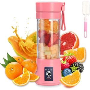 Personal Juicer Cup 380ml Handheld Fruit Mixer Machine USB Rechargeable with 6 Power Blades - Travel Blender for Smoothies and Shakes - Pink