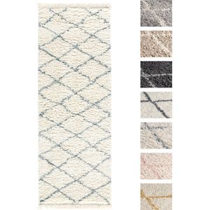 Vloerkleed Shaggy, Tapijt, Creme Blauw, Hoogpolig, 80cm x 300cm, Superzacht, Franjes, Berber stijl