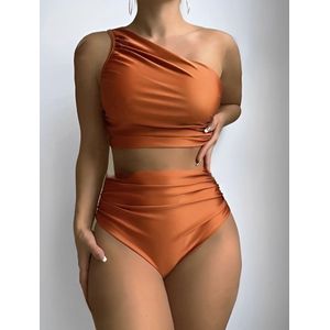 Oranje tankini | Oranje Badpak | Tankini voor dames | Elegant oranje tankini | 2-delig | Eén Open Schouder | Maat M |