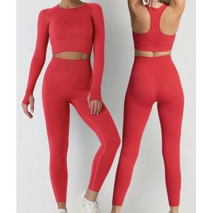 Gymset SOFT - 3delig - Rood - Maat M - Fitness Kleding - Sportoutfit - Sportlegging - Sporttop - Fitness set - Fitness legging en top - Gymlegging en top - Yogaset - Yoga legging en top