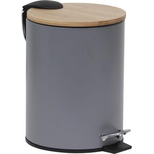 Stijlvolle Design Prullenbak met Bamboe deksel – Grijs/Bamboe – Klein formaat – 2.5L – Badkamer – Toilet – Keuken – Kantoor – Prullenbak 17x20x23cm
