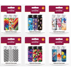 6x blister aanstekers van 3 stuks - 18 stuks aanstekers - mix print - navulbaar - klik systeem - verstelbaar vlam - Unilite® lighter