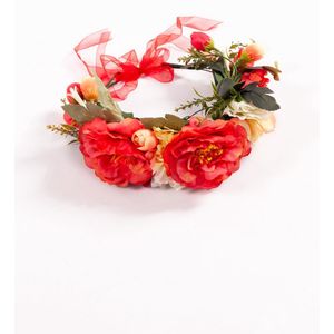 KIMU Bloemenkrans Haar Luxe Groot - Rood Creme Bloemen - Haarband Diadeem Fairy Hoofdband Bloemetjes Flowergirl Elfje Hippy Vintage Bruiloft Krans Festival