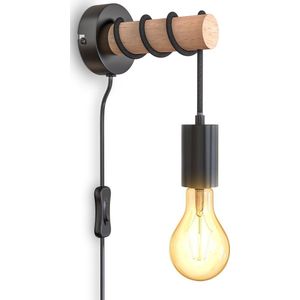 B.K.Licht - Wandlamp - met snoer - zwart - houten bedlamp - E27