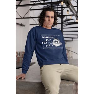 Shirt - Where my ho’s at - Wurban Wear | Grappige sweater | Leuk cadeau | Unisex sweater | Oversized sweater | Foute kerst trui | Foute kerstkleding | Kerst sweater | Kerst diner | Kersttrui dames | Foute kersttruiendag 2024 | Blauw