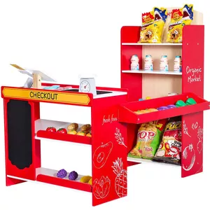 COSTWAY Kinderwinkel van hout met zijbalk, supermarktset met kassa, POS- machine, verkoopautomaat en krijtbord, boodschappenwinkel voor kinderen van 3 tot 8 jaar (groen
