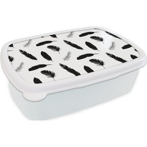 Broodtrommel Wit - Lunchbox - Brooddoos - Veren - Zwart Wit - Patroon - 18x12x6 cm - Volwassenen