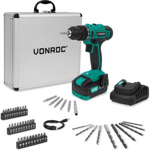 VONROC Accuboormachine 20V – 19 schroefstanden + boorstand - Incl. 4.0Ah accu, snellader en 46 accessoires in luxe koffer