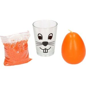 Oranje zand en paasei kaarsje in glas 11 cm - Paasdecoratie - Paastafel