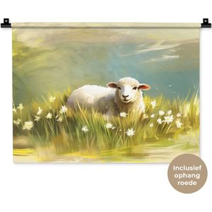 Wandkleed 60x45 cm - Wanddoek Schaap - Weide - Groen - Wandtapijt - Wandkleden
