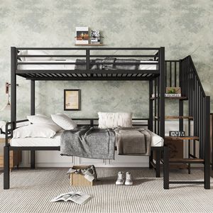Pugsdrly IJzeren bed, stapelbed, geschikt voor kinderen en tieners, hoekladder met opbergruimte, ijzer + MDF, zwart + vintage houtkleur, 90 x 200 cm en 120 x 200 cm