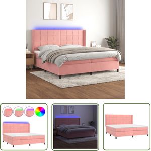 The Living Store Boxspring - LED - Fluwelen - Verstelbaar hoofdbord - Pocketvering - Huidvriendelijk - Roze - 203x203x118/128 cm