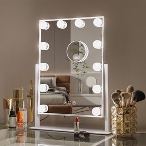 Hollywood make-upspiegel - 360 graden Gratis Rotatie - Slim aanraakscherm - Drie Licht Instellingen - 10x Vergroting Vanity Spiegel - Desktop make-upspiegel - 30cm x 41cm Wit