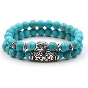 Kralen armband buddha dames heren - Set van 2 - Natuursteen kralen armband - 8mm rond - Zilveren Buddha - Elastisch - Cadeau voor hem of haar - Kralenarmband Turquoise (glans)
