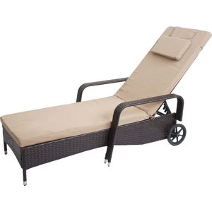 Poly-rattan ligstoel Carrara, relaxligstoel tuinligstoel, aluminium ~ bruin, kussens beige