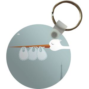 Sleutelhanger - Illustratie van een ooievaar met slabbetjes - Plastic - Rond - Uitdeelcadeautjes
