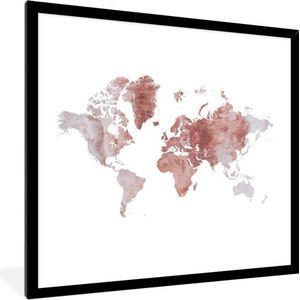 Fotolijst incl. Poster - Wereldkaart - Rood - Grijs - 40x40 cm - Posterlijst