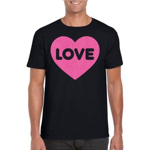 Bellatio Decorations Gay Pride T-shirt voor heren - liefde/love - zwart - roze glitter hart - LHBTI S