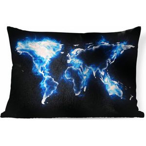 Sierkussens - Kussen - Wereldkaart in elektrisch blauw op een zwarte achtergrond - 60x40 cm - Kussen van katoen