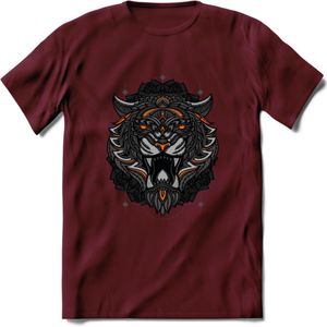 Tijger - Dieren Mandala T-Shirt | Oranje | Grappig Verjaardag Zentangle Dierenkop Cadeau Shirt | Dames - Heren - Unisex | Wildlife Tshirt Kleding Kado | - Burgundy - S