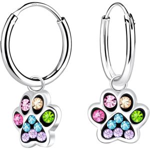 Joy|S - Zilveren kat hond dierenpoot oorbellen - oorringen - multicolor kristal - poot afdruk