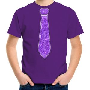 Bellatio Decorations Verkleed t-shirt voor kinderen - glitter stropdas - paars - jongen - carnaval 140/152
