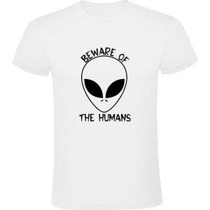 Beware of the humans Heren T-shirt | alien | buitenaards wezen | mensen | heelal | andere planeet | Wit