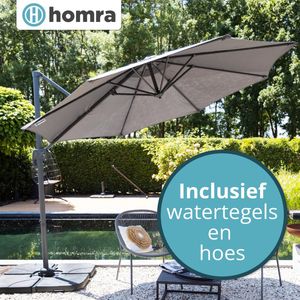 Homra Parasol met Voetpedaal - Stabiele Zweefparasol met 4 Vulbare Tegels - Ø300 cm - Draai- en Kantelbaar - Inclusief beschermhoes om makkelijk op te bergen - Grijs